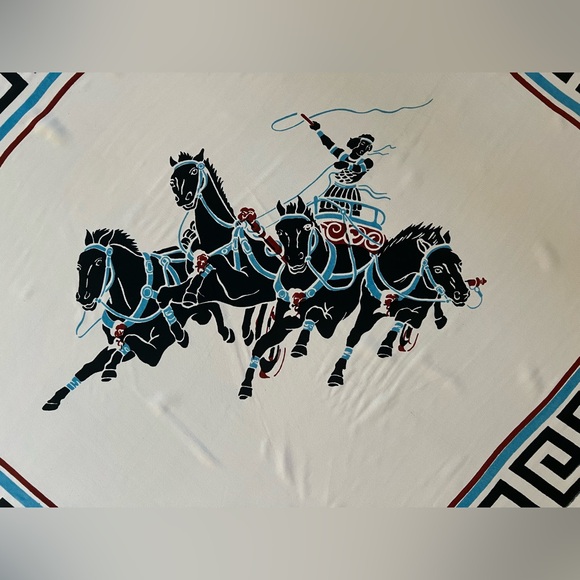 Vintage Chariot Scene Crepe Silk Scarf | Cohama | Charioteer Warrior | 33”x38.5” - Picture 14 of 17